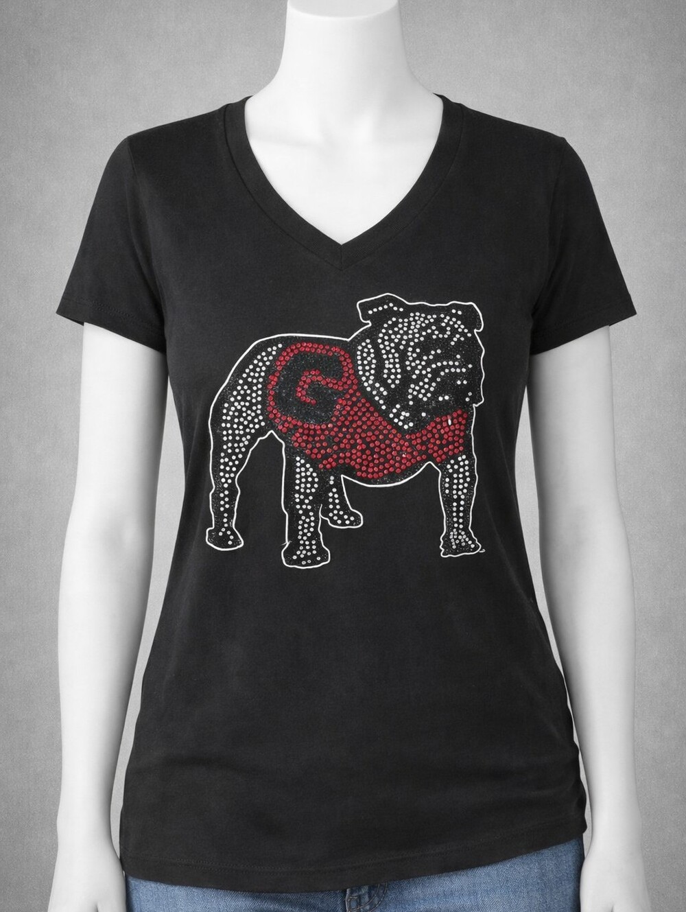 Black Rhinestone V-neck University of Georgia Bulldog Tee | Size Small